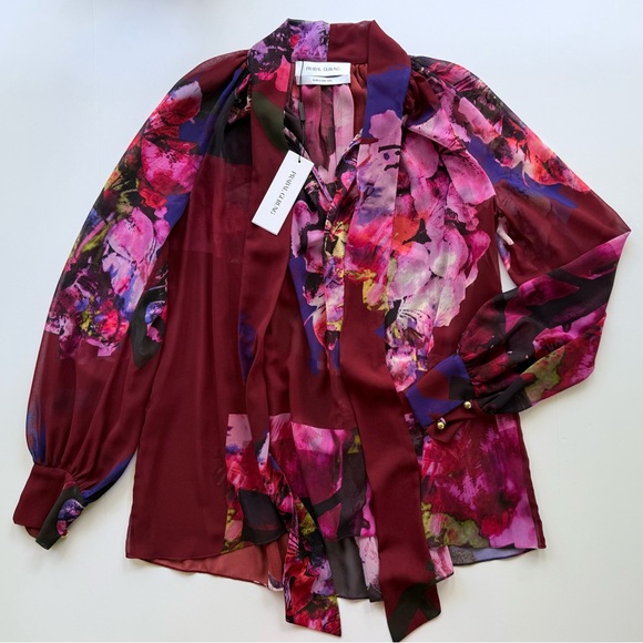 NWT Prabal Gurung Burgundy Maroon Multicolor Floral Chiffon Tie Neck Blouse 4 - Picture 1 of 16